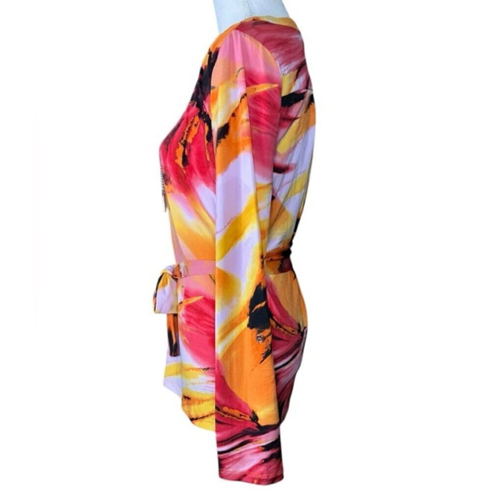Carmen Marc Valvo Tunic V Neck Chain Long Roll Up Sleeve Tropical Coral Pink SM - Picture 4 of 16
